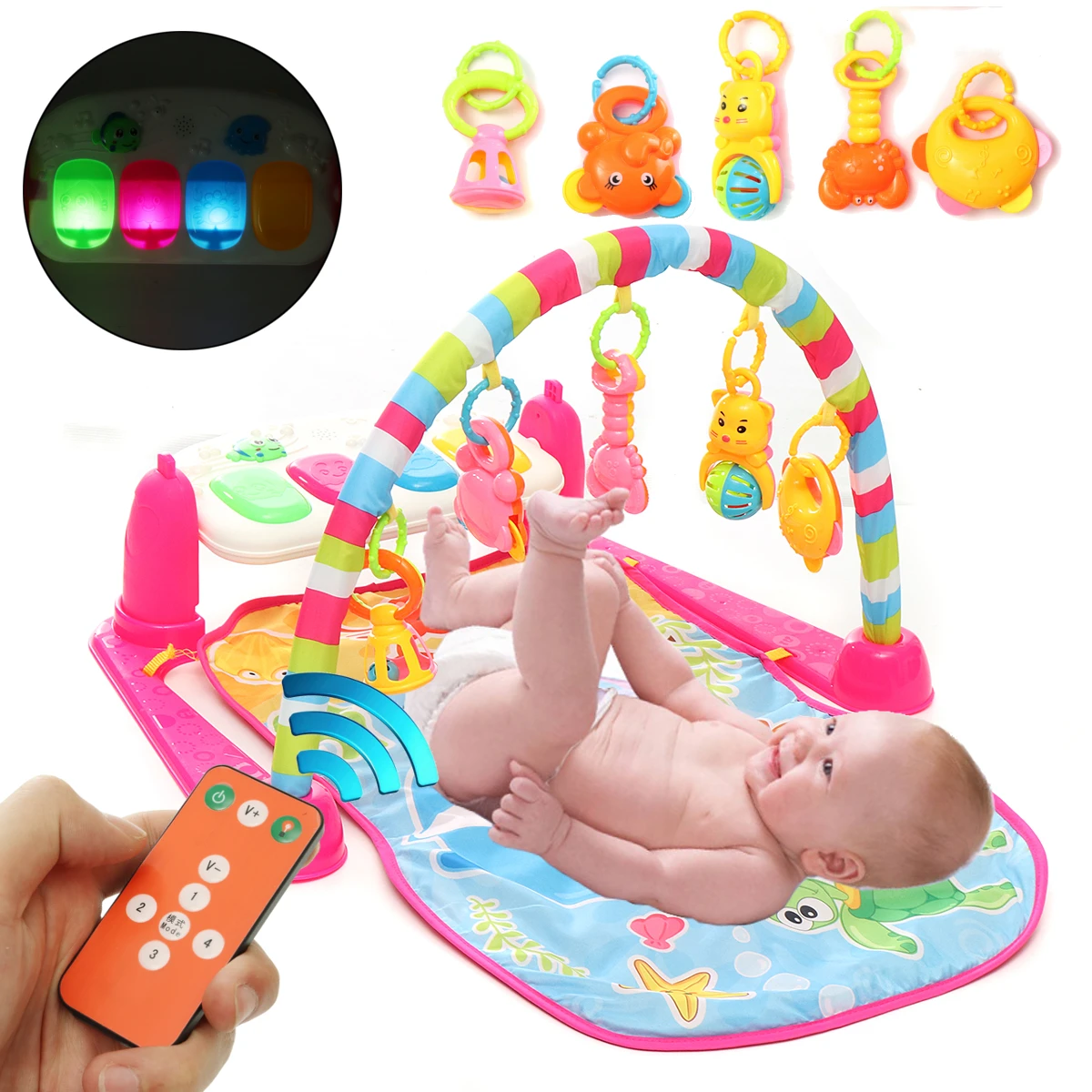 

Pink Baby Cute Gym Play Mat Baby Rattles Musical Educational Toy Mat + Remote Control