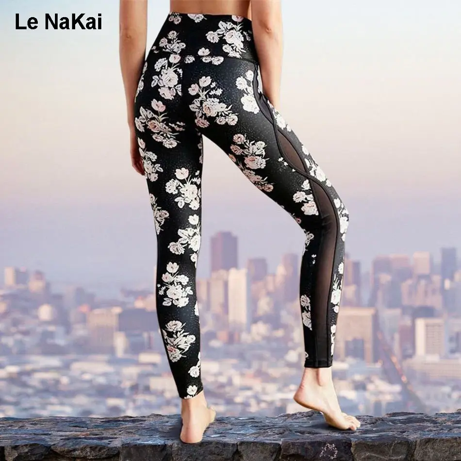 White Floral Print Side Mesh Panels Yoga Leggings For Women Fitness