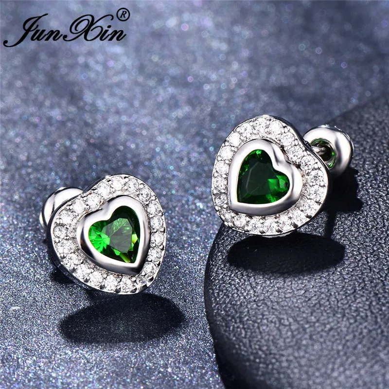 

JUNXIN Multicolor Zircon Heart Stud Earrings For Women 925 Sterling Silver/Rose Gold Filled Purple Green Zircon Earrings Female