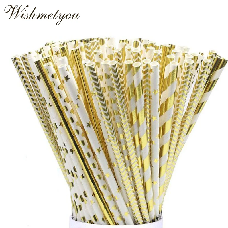 

WISHMETYOU 25Pcs Gold Heart Star Foil Stripe Lovely Paper Straws Diy Kids Birthday Wedding Decor Christmas Crafts Drinking Straw