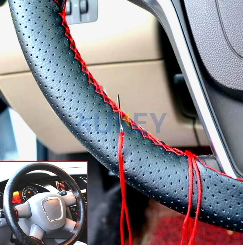 DIY PU Leather Auto Car Steering Wheel Cover Hand Sewing Hand-stitched 38cm Breathable steering wheel cover