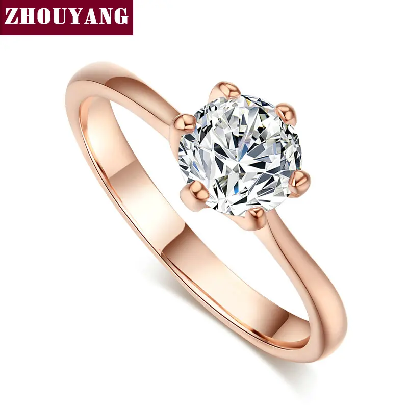 ZHOUYANG Wedding Ring For Women Rose Gold Color Six Claw Cubic Zirconia Round Cut 1 Carat 6mm Fashion Jewelry R013 R014