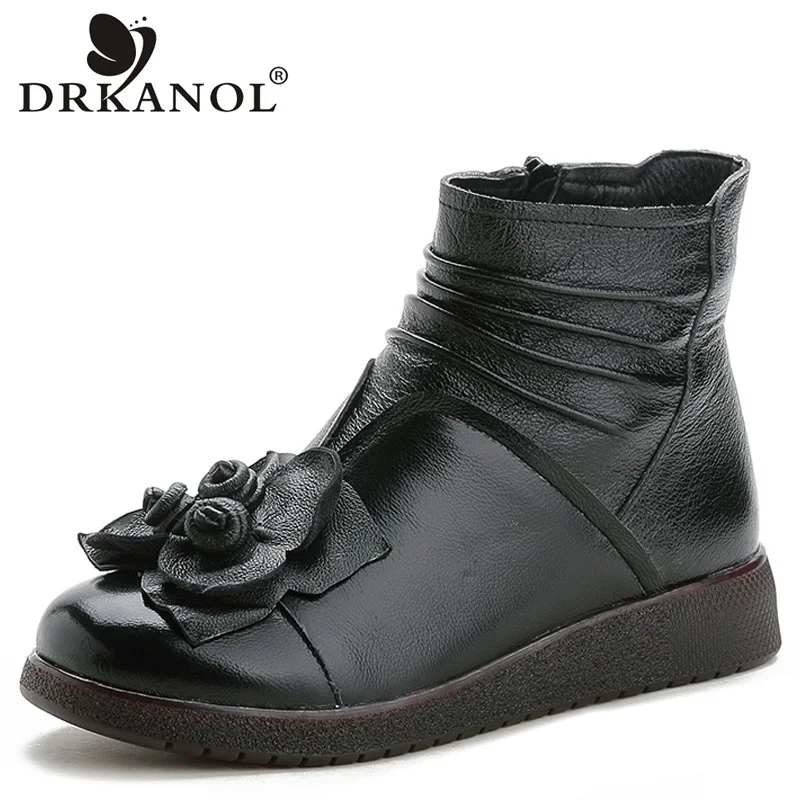 

DRKANOL 2019 Women Snow Boots Botte Femme Flowers Vintage Ankle Boots For Women Genuine Leather Winter Warm Shoes Big Size 35-41