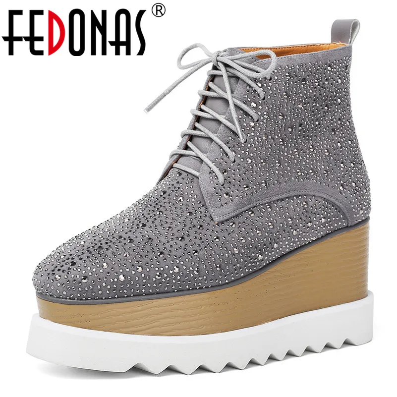 

FEDONAS Kid Suede Women Warm Autumn Winter Square Toe Lace Up Ankle Boots Fashion Short Boots Crystal Wedges Party Shoes Woman