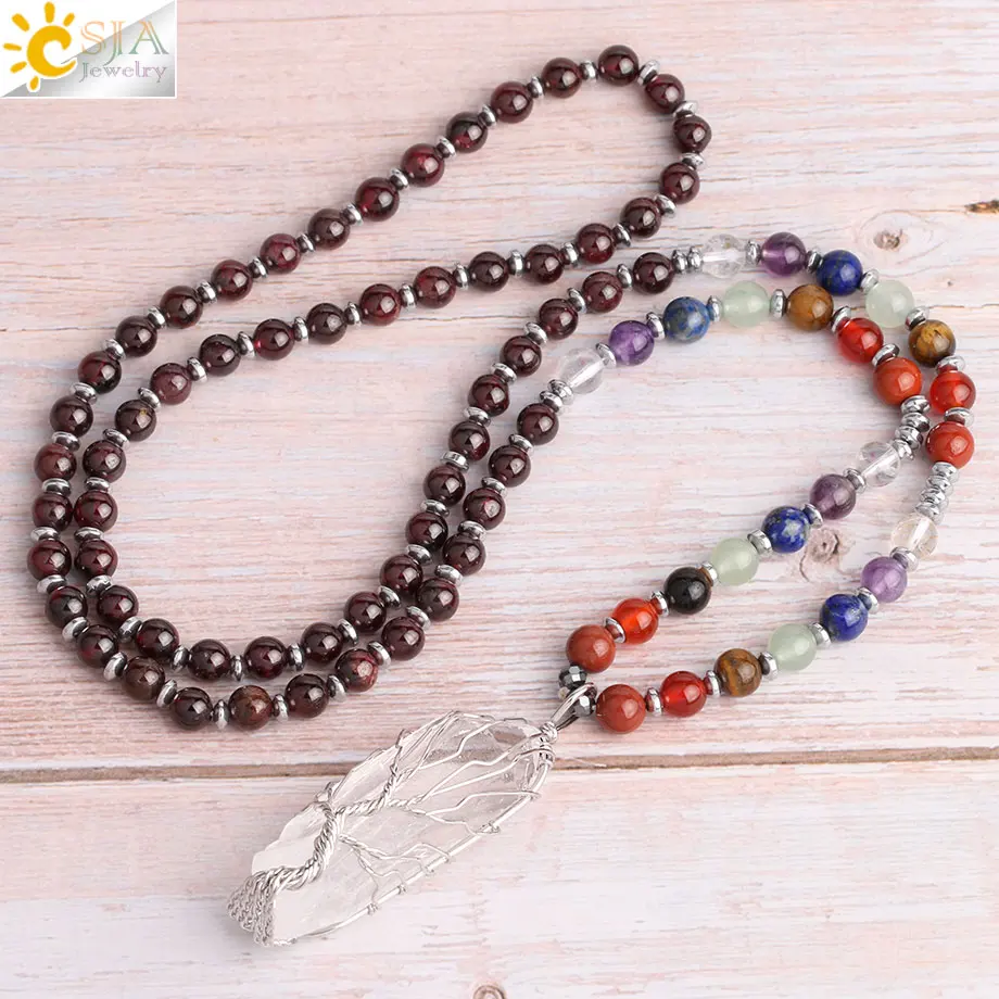 

CSJA Reiki Natural Stone 7 Chakra Obsidian Beads Long Necklaces for Women Men Rock Crystal Pendants Statement Boho Necklace S414
