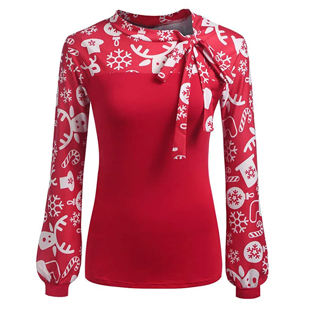 Женская футболка, женская зимняя Праздничная Рождественская верхняя одежда с асимметричным подолом, повседневный Топ, рубашка с длинным рукавом, женская одежда#15