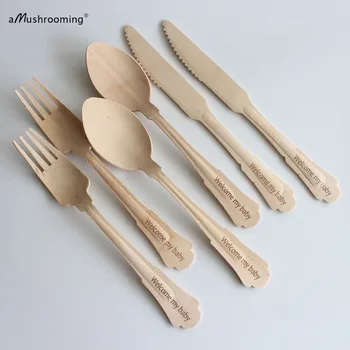

x25 Large Vintage Buffet Tableware Set Personalized Party Soup Spoons Forks Knives 1940S 20cm Engraved Wooden Disposable Cutlery