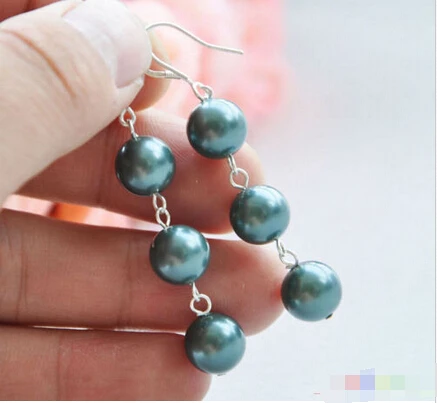 

Free shipping @ P4467 10MM Tahitian black ROUND south sea shell pearl DANGLE EARRING 925ss 6.10