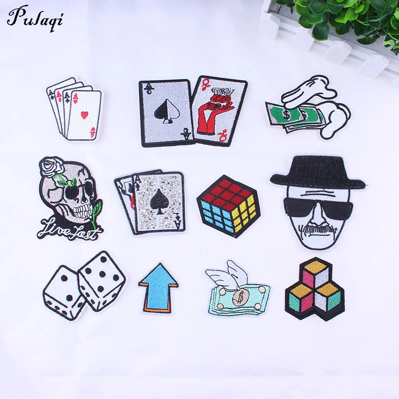 

Pulaqi Embroidery Card Poker Patches Currency Punk Applique Heart Badge Sewing for Jacket T-shirt Garment Decorative Parches H
