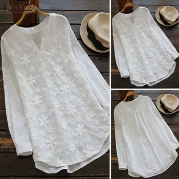 

2018 Women Clothing Floral Lace Embroidery Long Sleeve Shirts Ladies Blusas Tops Shirt White Blouses slim fit Tops S-5XL