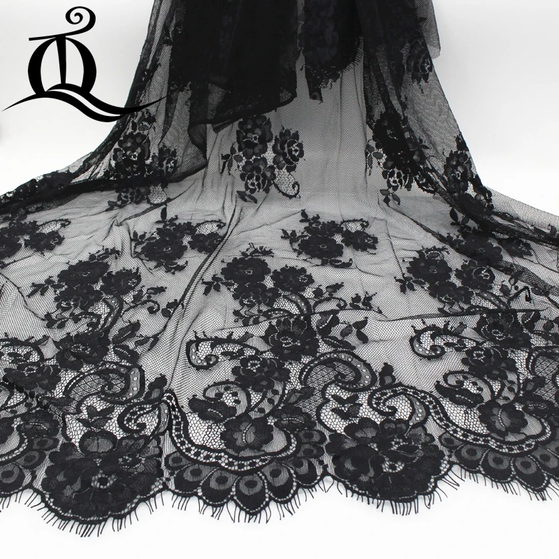 

50*140cm elegant fine workmanship tulle mesh embroidered bright black wedding lace fabric with cording bridal gown lace hot 4
