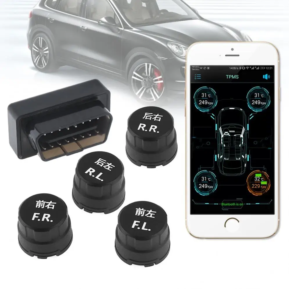 

4pcs Smart Car TPMS Bluetooth 4.0 OBD Tyre Tire Pressure Monitoring System APP Display External Sensors Support IOS