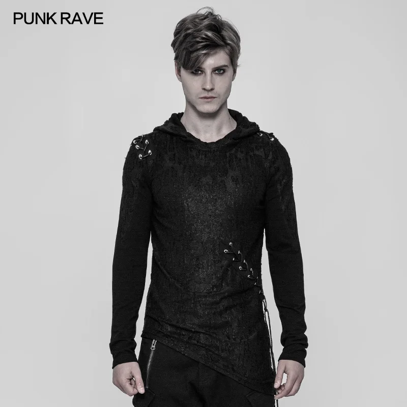 

Punk Rave Rock Black Gothic Hoodie Slim-Fitting Cotton Lacing Casual Personality Men's T-shirt Tops WT534