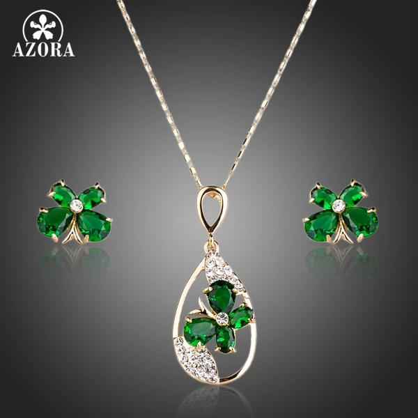 

AZORA Gold Color Green CZ Butterfly Stud Earrings and Pendant Necklace Jewelry Sets TG0127
