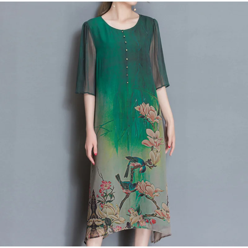 Зеленое Шелковое женское длинное платье с принтом, рукав до локтя, о-образный вырез, свободные макси платья для девушек, лето, китайские пуговицы, Vestidos размера плюс
