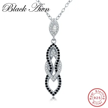 

[BLACK AWN] 925 Sterling Silver Necklace Eternity Fine Jewelry Trendy Black Spinel Necklaces Pendants for Women P178