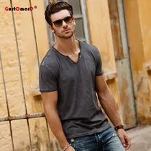 GustOmerD модные новые летние футболки, одноцветные топы с v-образным вырезом, облегающие мужские футболки, повседневная брендовая одежда, мужские серые футболки