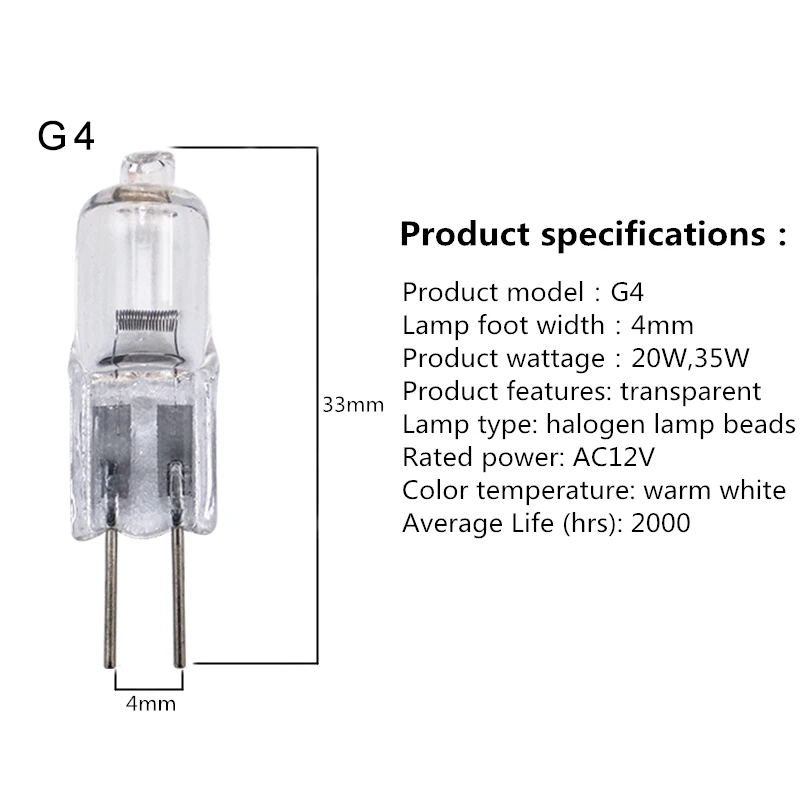 AC12V галогенная лампа из бисера G4 20 Вт 35 Вт светильник с регулируемой яркостью G6.35 50 Вт вольфрамовые галогенные лампы теплый белый для хрустальной лампы Люстра