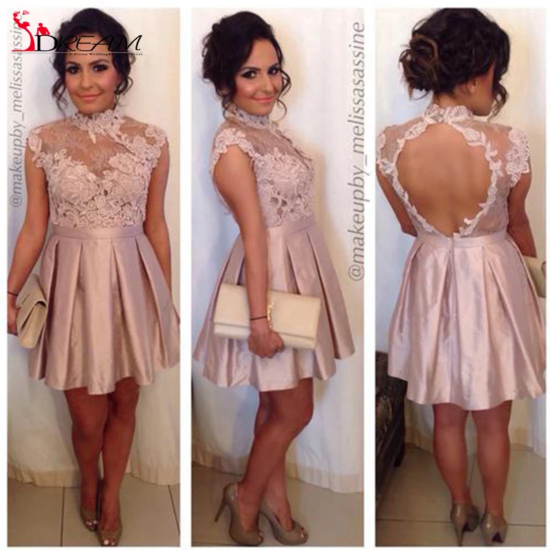 2016 Sexy Lace Party font b Dresses b font Backless High Neck Mini Cap Sleeve Prom