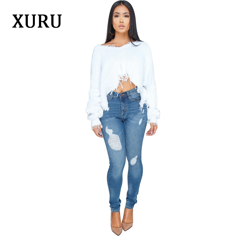 XURU new hot-selling sweater women's front and back two wearing solid color hand-knitted pullover sweater low-cut irregular 