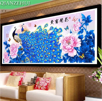 

QIANZEHUI,Diamond Embroidery,Round Diamond Flowers rich blue peacock Full rhinestone 5D Diamond painting cross stitch,needlework