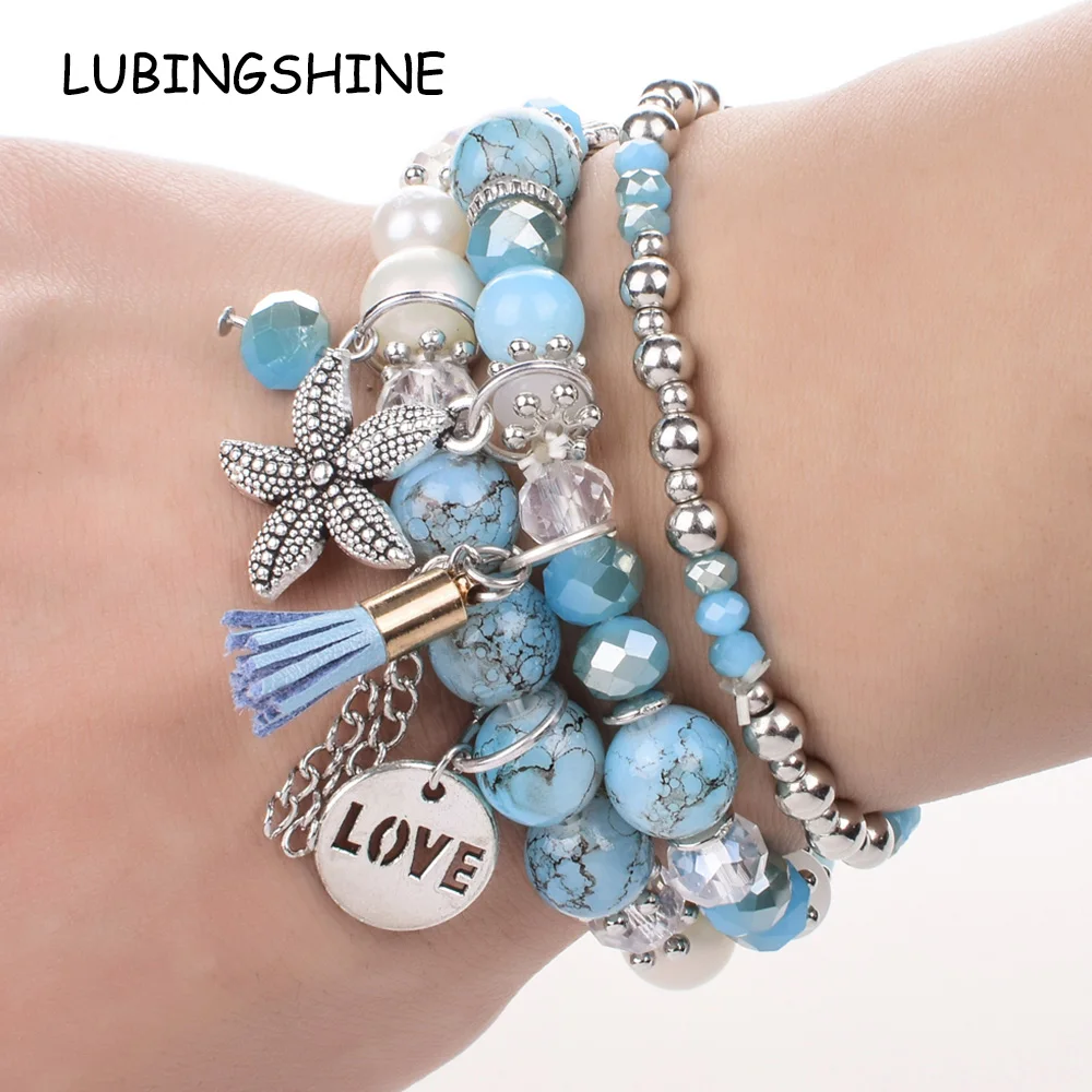 

Woman Boho Tassel Multilayer Elastic Starfish Charms Bracelets Crystal Beads Adjustable Bracelet & Bangles Ethnic Jewelry