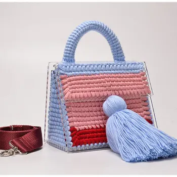 

Famous Tote Bags New Design Wool Plaid Women Handbags High Quality Bamboo wood Shoulder Crossbody Bags Transparent PVC Woven bag