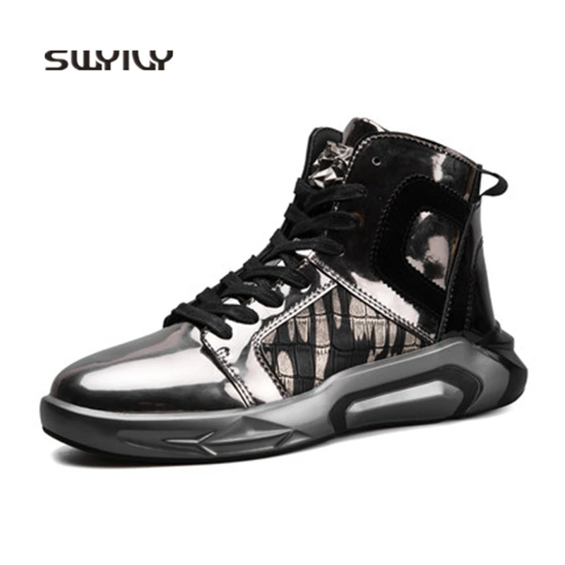 SWYIVY Men Skateboarding Shoes PU Glossy Sneakers Men 2018 New High-top Hard-wearing Hip Hop Shoes For Men Tenis Skate Shoes