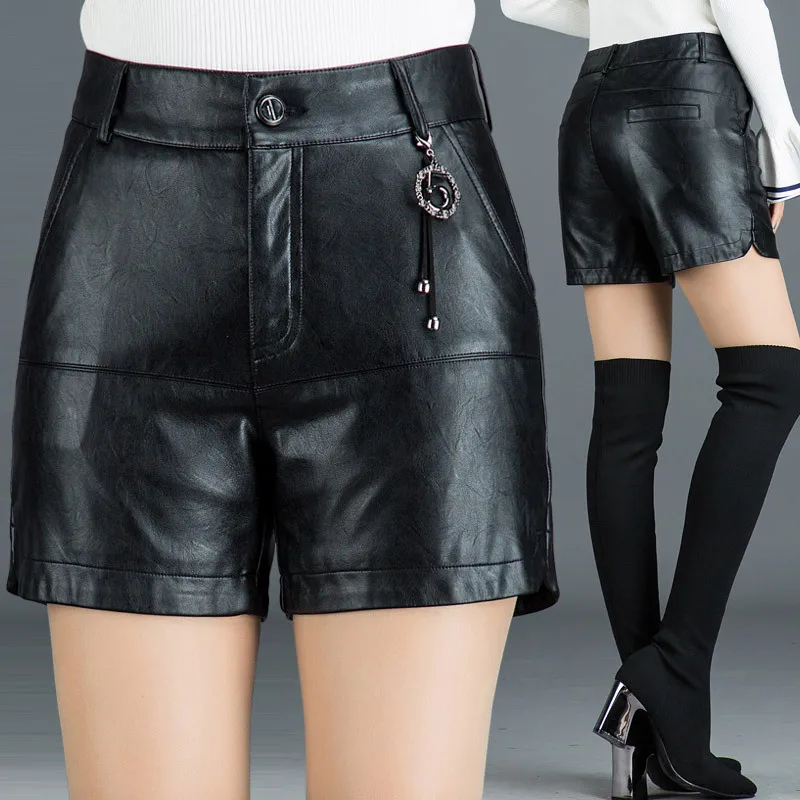 

Women's Shorts Faux Leather Pu Shorts Female Casual High Waist Plus Size Slim Black Shorts Women Shorts High Quality
