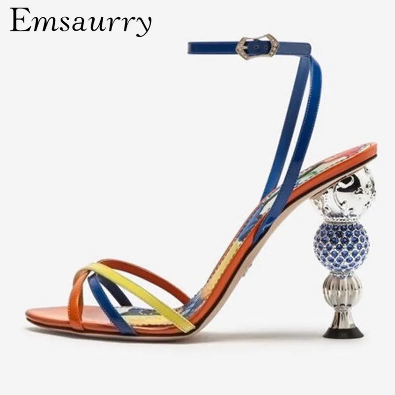 

Luxury Rhinestone Metal Strange High Heel Sandals Women Narrow Band Mixed Color Ankle Strap Printed Color Sandalias Mujer