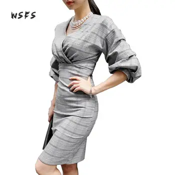 

Wsfs Autumn Grey Plaid Dress Women Office Vneck Lantern Sleeve Sexy Party Bandage Bodycon Pencil Dresses Vestidos De Festa Mujer