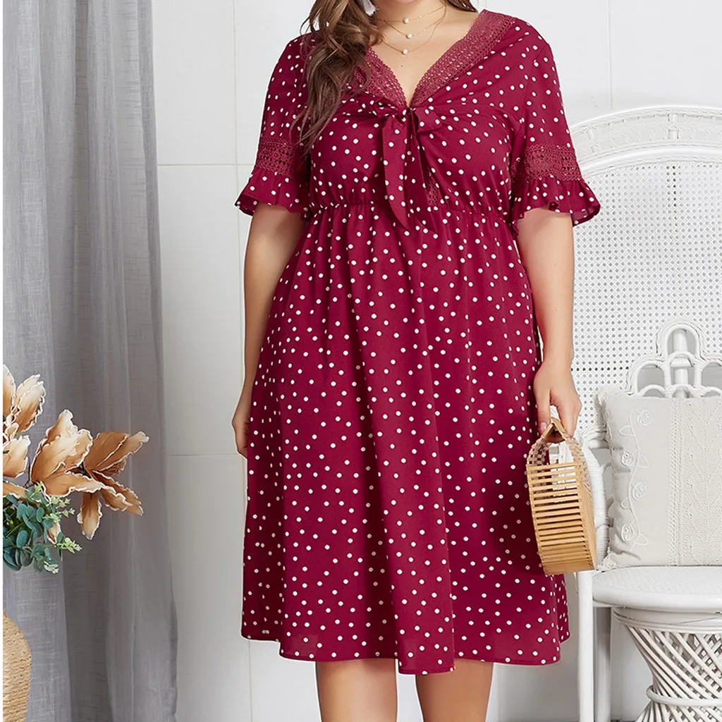 JAYCOSIN Одежда Платье женское плюс размер ретро красный горошек дамское ТРАПЕЦИЕВИДНОЕ милое мягкое летнее платье