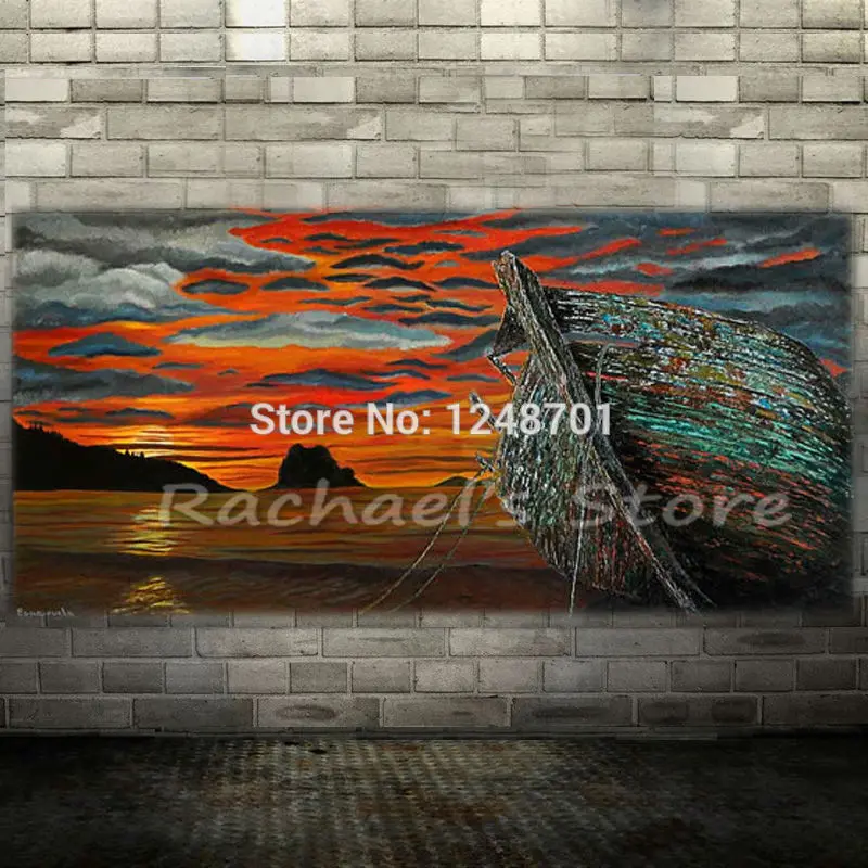 

2017 New Hand Painted Sunset and Boat Landscape Oil Painting On Canvas Modern sail boat picture Wall Art Living Room Home Decor