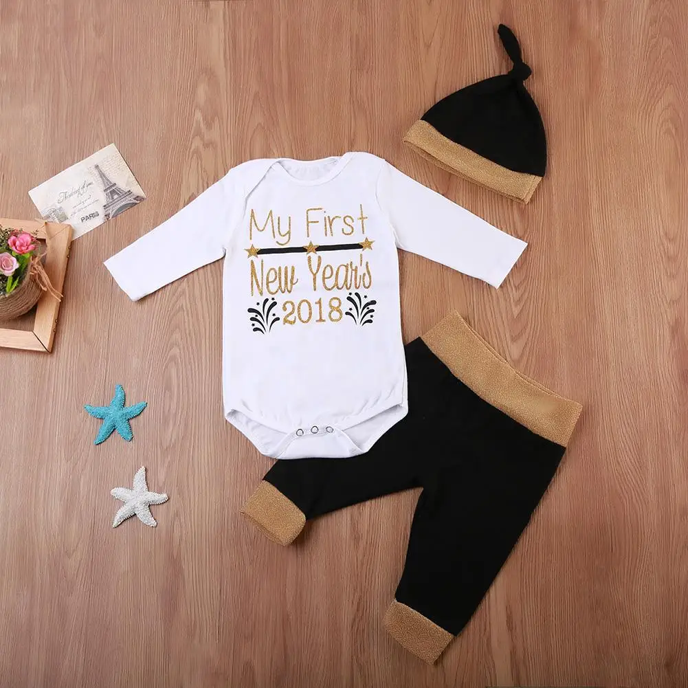 

3Pcs My First New Years Letter Print Romper Pants Hat Toddler Baby Outfit Set