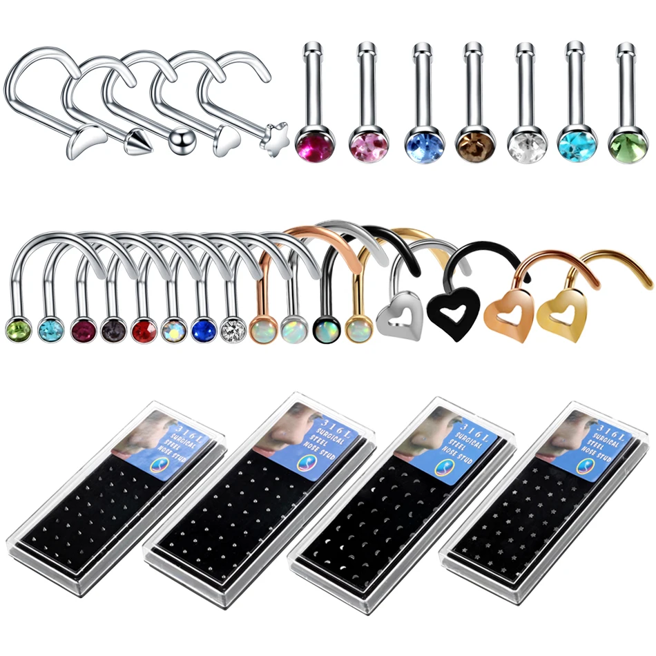 

40pcs/box Nose Piercing Ring Stud Jewelry Multiple Styles L Shape Nariz Screw Nostril Earring Piercing Nose Bone Body Retainers
