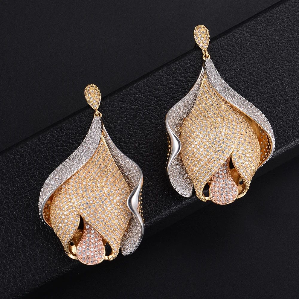 

67mm Luxury Three Tones Tulip Flower Cubic Zirconia Engagement Party Drop Dangle Earrings Jewelry For Women