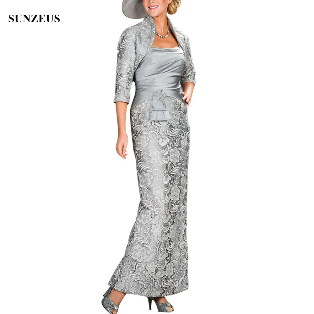 Lange Kant Moeder Van De Bruid Jurken 2018 Met Kant Jacket Elegant Lady Outfit Vintage Grijs Wedding Partij Jassen Dragen CM0155 Lange Kant Moeder Van De Bruid Jurken 2018 Met Kant Jacket Elegant Lady Outfit Vintage Grijs Wedding Partij Jassen Dragen CM0155