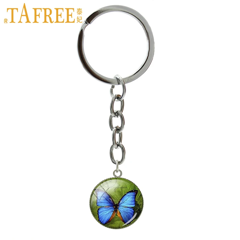 

TAFREE Flower of Life Key Chain Fashion beautiful Butterfly Key chain mandala Religious round glass Henna Zan jewelry H377