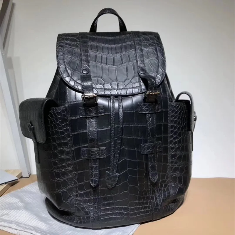 Мужской рюкзак из натуральной крокодиловой кожи, с завязками, с карманами, подлинный, из кожи аллигатора, Мужская большая дорожная сумка - Цвет: Черный