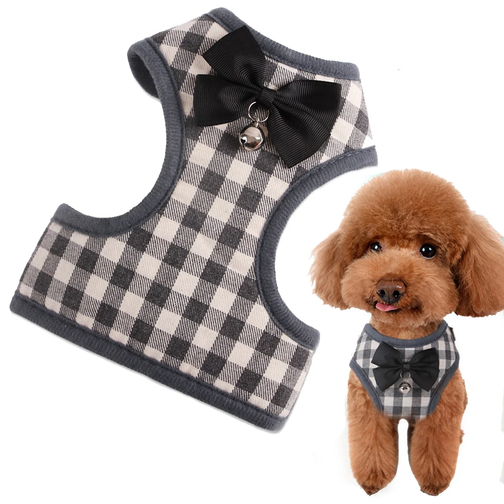 Plaid Dog Harness Leash Set for Small Medium Dogs Cats Bowtie Bell Vest