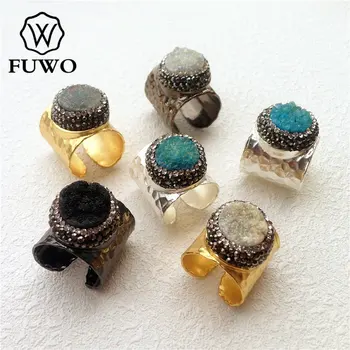 

FUWO Aura Druzy Ring With Rhinestone Paved 24K Gold Electroplated Multicolor Crystal Cluster Cigar Rings Adjustable Size RG1501