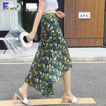 

A Line Skirts Womans Fashion Holiday Casual Red Green Black Chiffon Floral Printed Bow Tie Beach Bohemain Skirt Long 5175