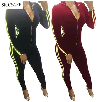 

Korean Velour Bandage Jumpsuits For Women 2019 Zipper Front Bodycon Bodysuit Striped Side Sexy Casual Rompers Long Pants Velvet