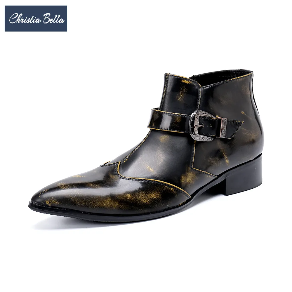 

Christia Bella Fashion New Casual Men Prom Boots Cowboy Motorcycle Ankle Boots Monk Real Leather Strap Zipper Men Dress Boots