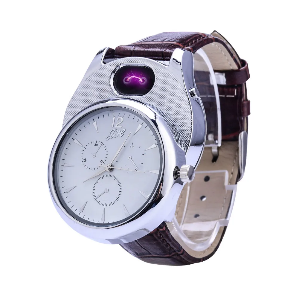 Cigarette Lighter watch Men USB rechangeable Casual Quartz Watch fashion Arc Flameless Lighter Wristwatches clock JH338 - Цвет: silver brown JH338