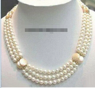 

FREE SHIPPING3 Rows Genuine White Pearl Button Pearl 18KGP Clasp Necklace