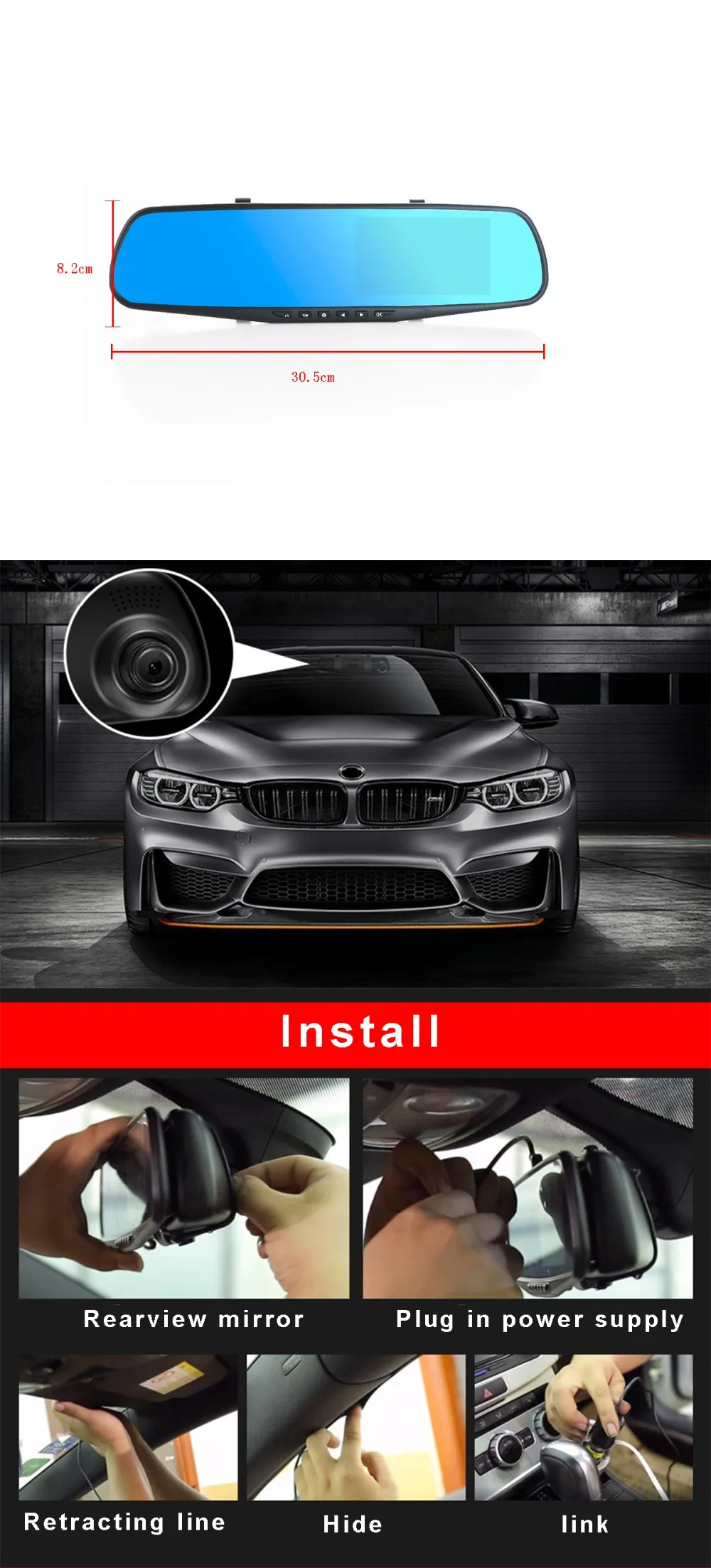 ull HD 1080P Car Dvr Camera Auto 4.3 Inch Rearview Mirror Digital Video Recorder Dual Lens Registratory Camcorder (1)