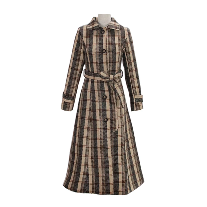 

PERHAPS U women outwear pocket coat turn down collar single breasted tweed plaid khaki sash a line winter elegant vintage C0054