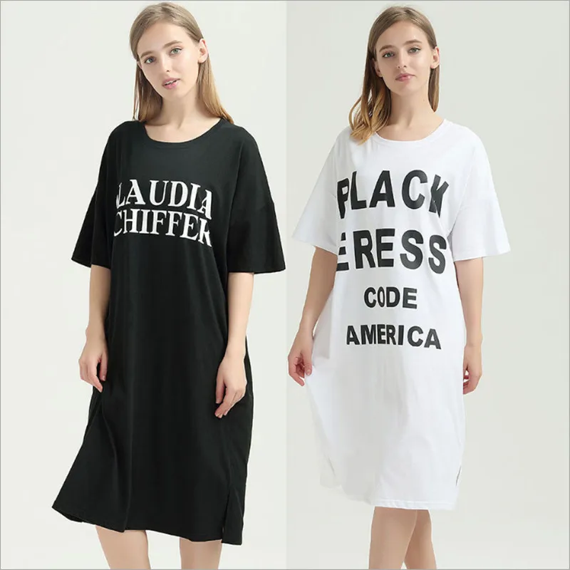 

New plus size women nightgowns wellmade causal designed cotton white black color with letters ptinted sleep dress for ladies