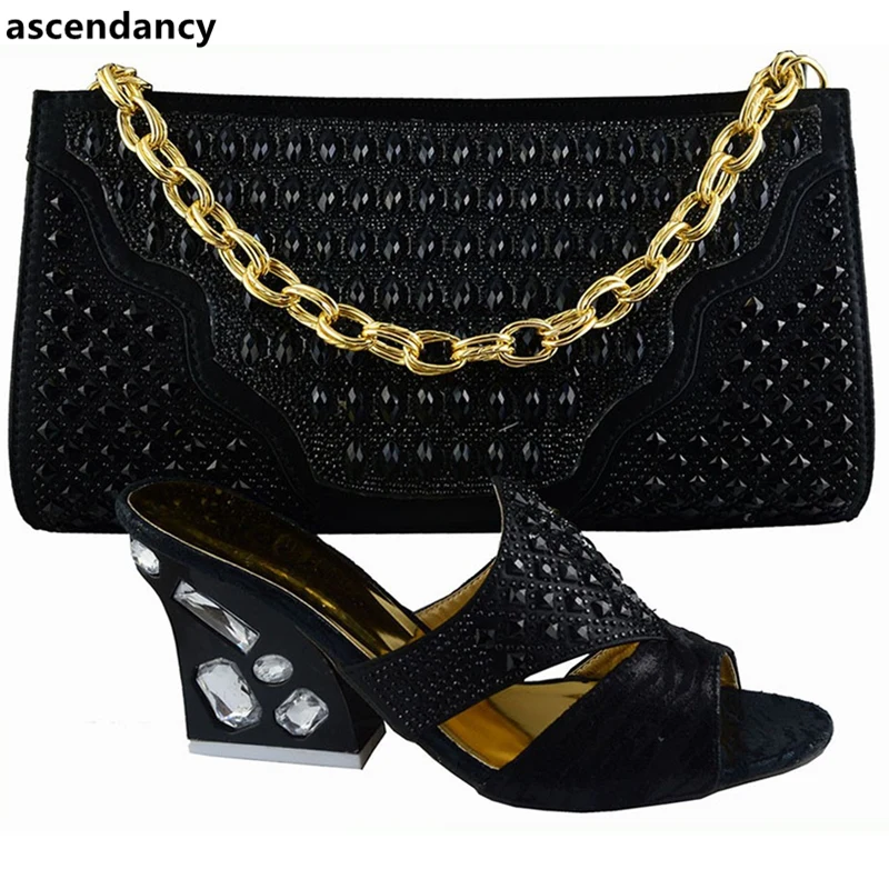 

New Arrival Black Color Matching Women Shoes and Bag Italian Ladies Shoe and Bag Set for Wedding African Party Shoes with Bag